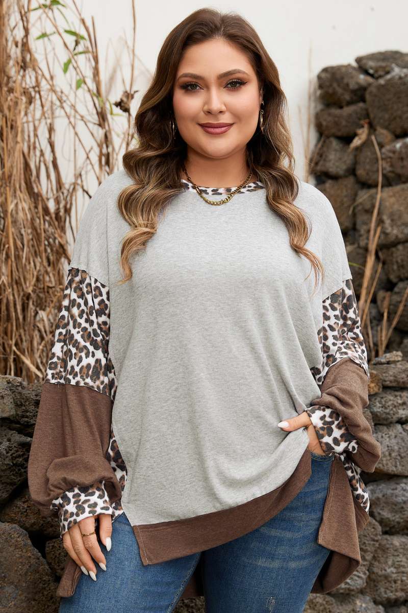 Gray Plus Size Leopard Color Block Patchwork Dolman Sweatshirt
