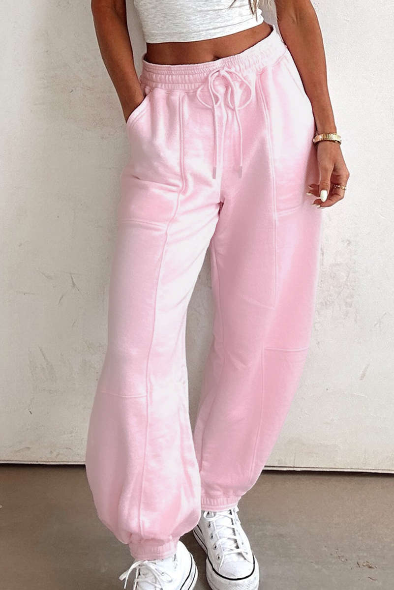 Light Pink Drawstring Elastic Waistband Solid Color Jogger Pants
