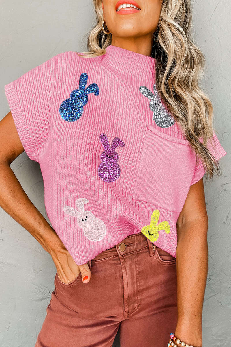 Pink Sequin Bunny Doll Graphic Ribbed High Neck Short Sleeve Sweater