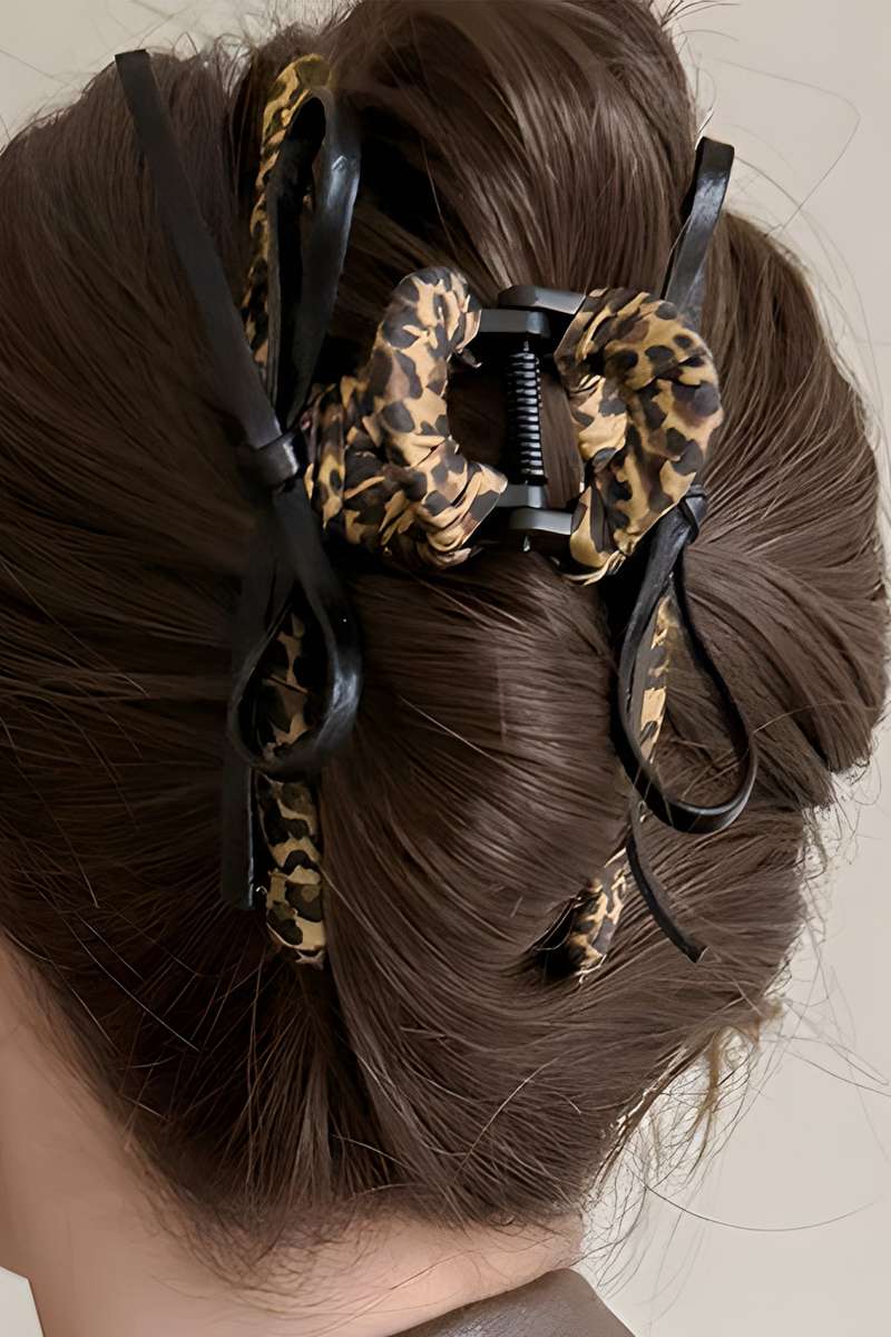 Thai Curry Leopard Cloth Wrap Over Contrast Bow Detail Hair Claw Clip