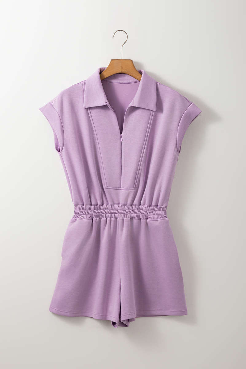 Orchid Bouquet Short Sleeve Zipper Collared Elastic High Waist Romper