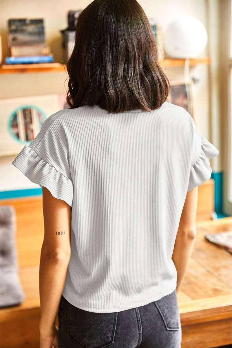 White Solid Color Ribbed Ruffled Short Sleeve T Shirt