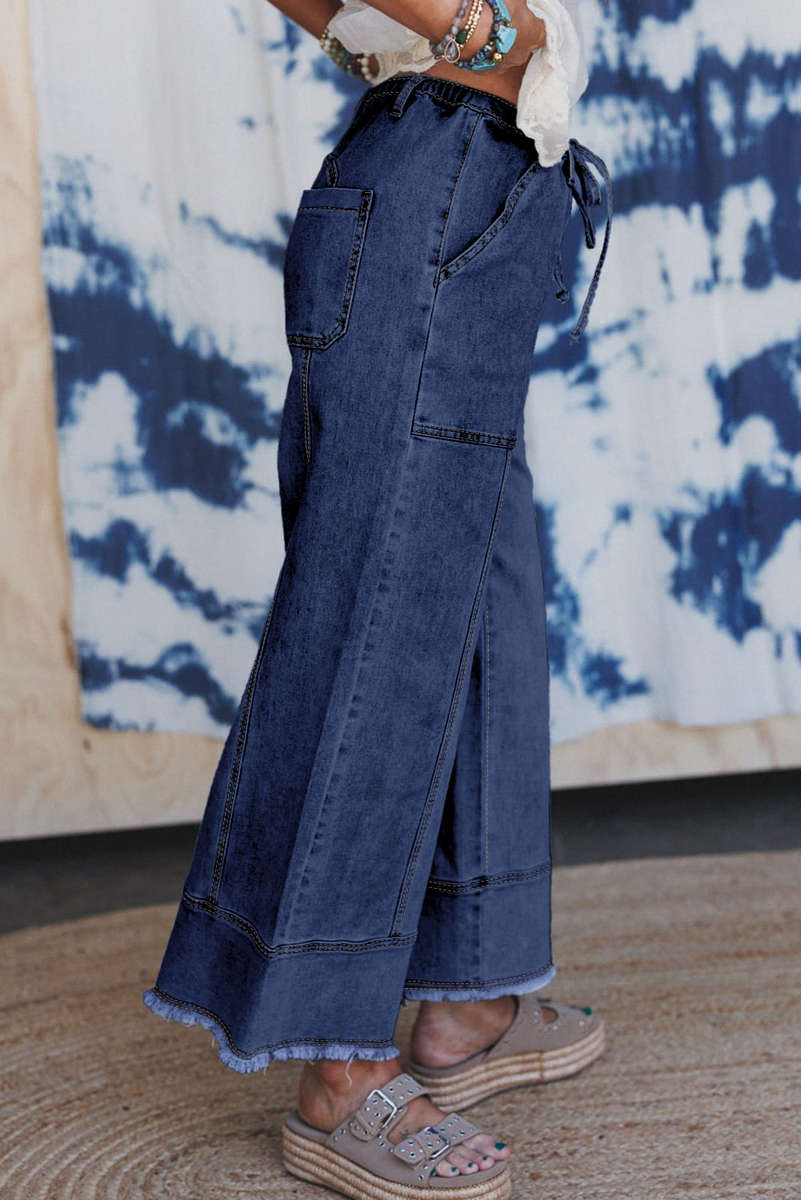 Prussian Blue Drawstring Seam Detail Raw Hem Wide Leg Denim Pants