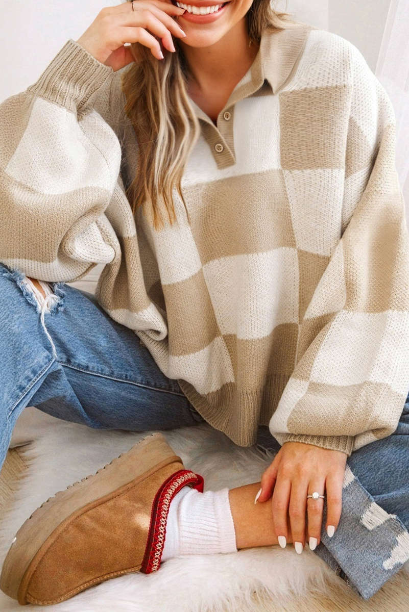 Light French Beige Checkered Pattern Polo Collar Loose Sweater