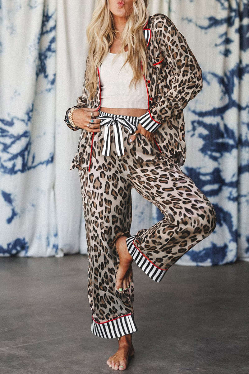 Khaki Leopard Print Colorblock Striped Edge Shirt and Pants Pajama Set
