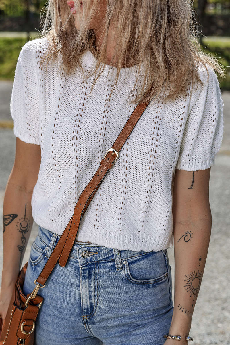 White Pointelle Knit Short Puff Sleeve Crewneck Sweater
