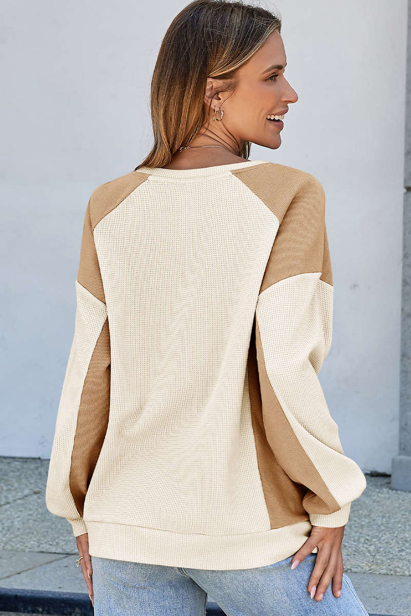 White Color Block Waffle High Low Raglan Sleeve Sweatshirt