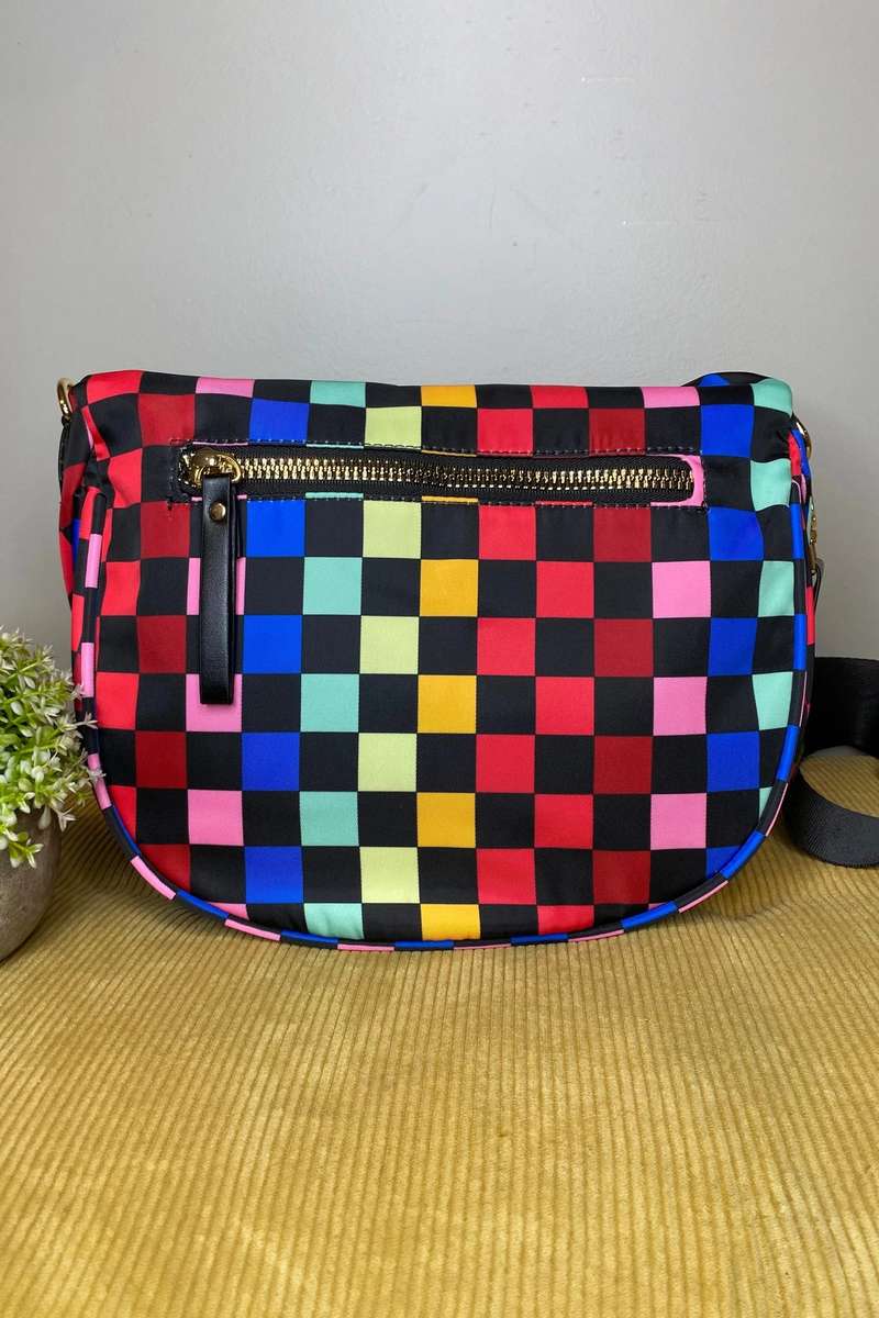 Color black Pretty Checkerboard Canvas Double Zip Crossbody Bag