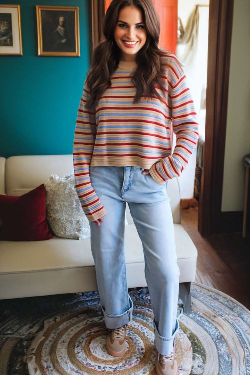 Khaki Stripe Drop Shoulder Cropped Long Sleeve Fall Sweater