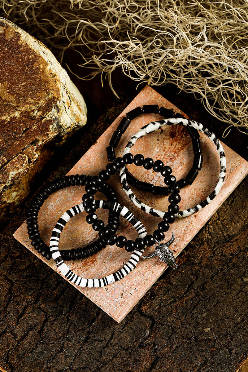 Color black Timber Beads Western Skull Head Charm 5pcs Bracelet Set