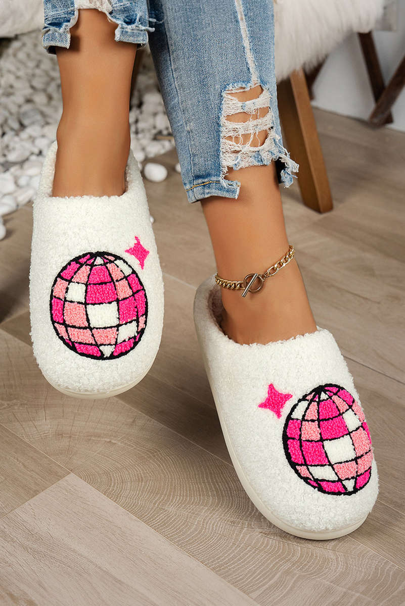 White Disco Ball Print Fuzzy Winter House Slippers