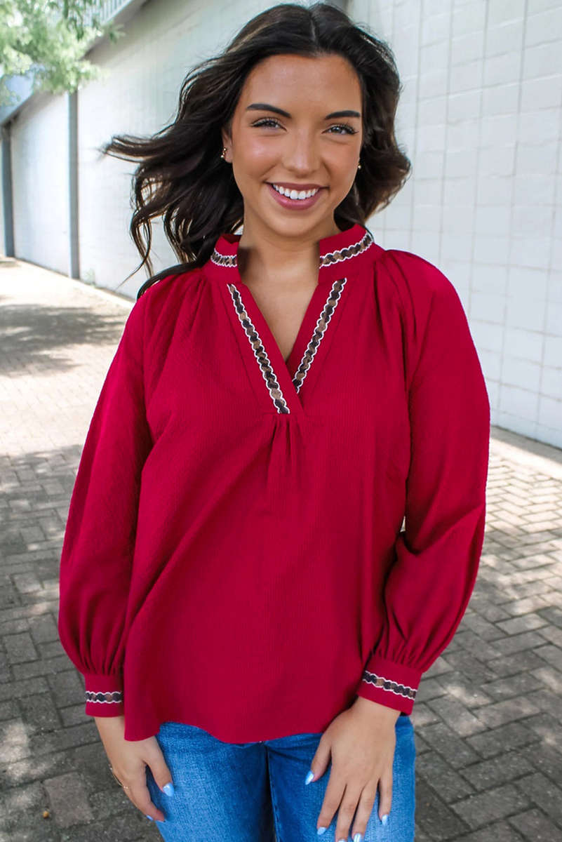 Racing Red Leopard Jacquard Print V Neck Textured Blouse