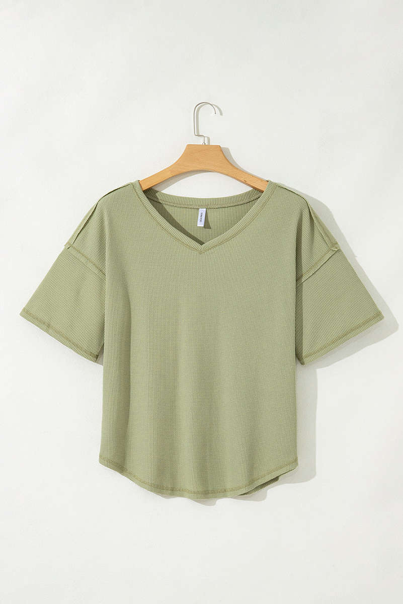 Green Exposed Seam Half Sleeve Knitted V Neck Textured Top