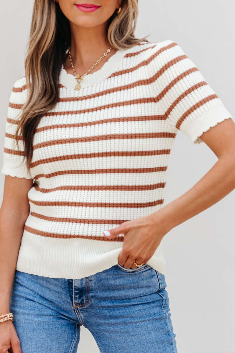 Khaki Stripe Scalloped Round Neck Short Sleeve Sweater