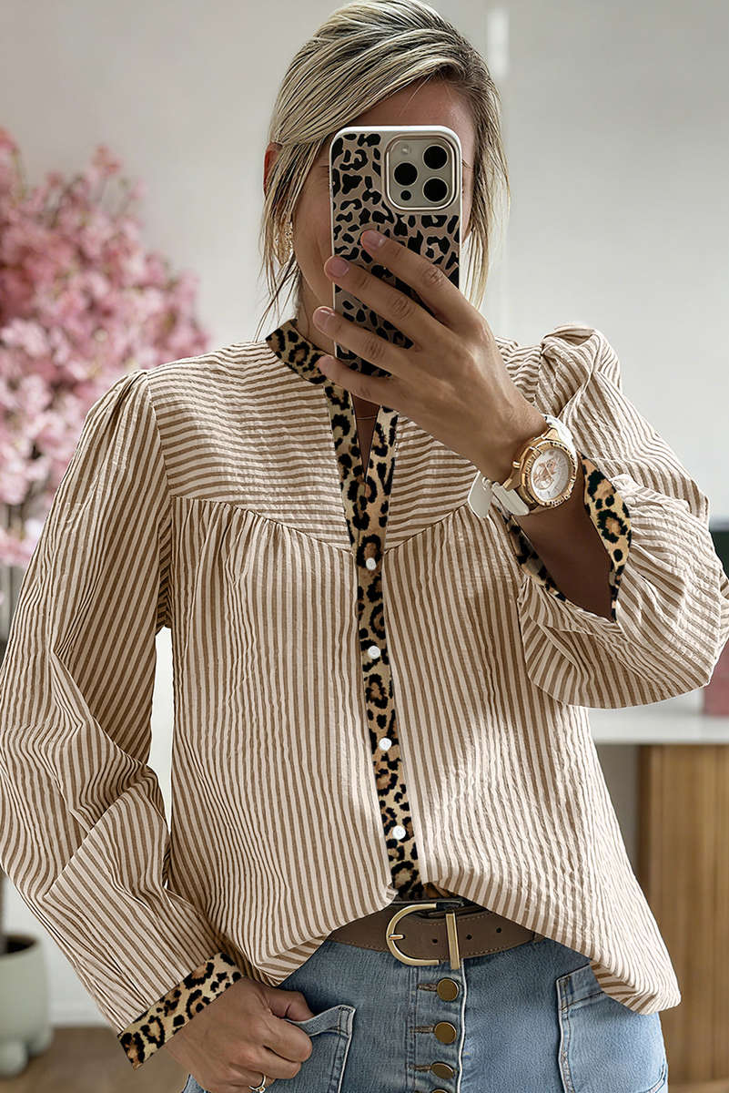 Brown Stripe Leopard Patchwork Long Sleeve Shirt