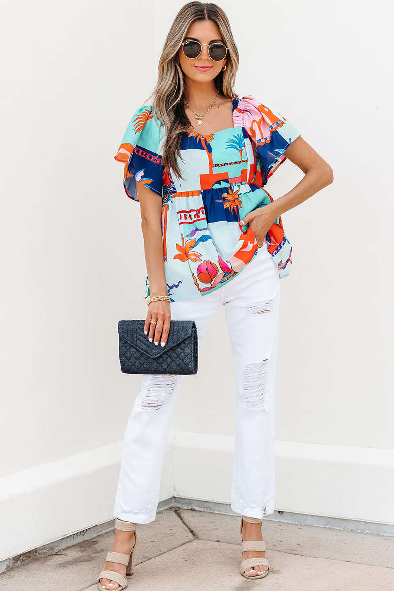 Sky Blue Tropical Printed Square Neck Flutter Sleeve Babydoll Blouse