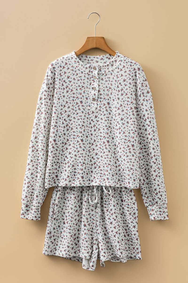 White Spiral Ribbed Floral Print Long Sleeve Henley Top Drawstring Short Set