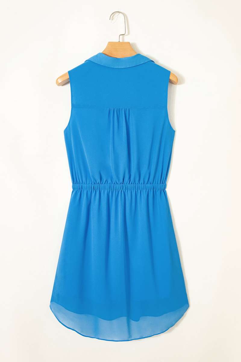 Blue Half Buttons Collared Elastic Waist Sleeveless Shirt Dress