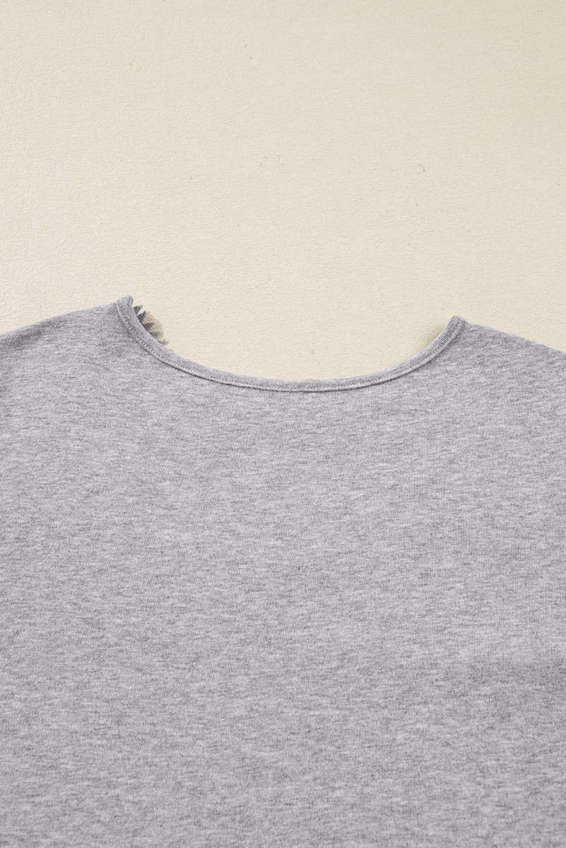 Gray Hollowed Lace Ribbed Knit Long Sleeve Patchwork Top