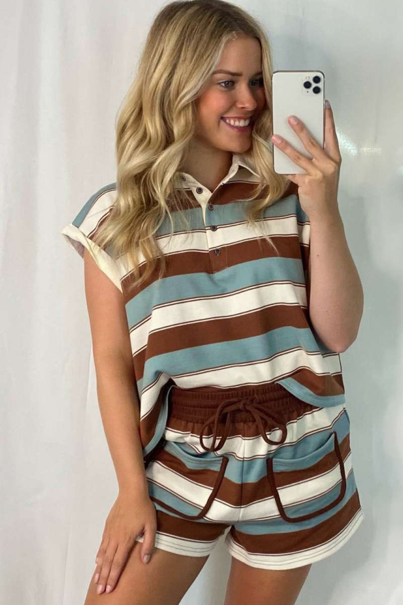 White Stripe Button Polo Collar Tee Drawstring Elastic Waist Patchwork 2pcs Short Set