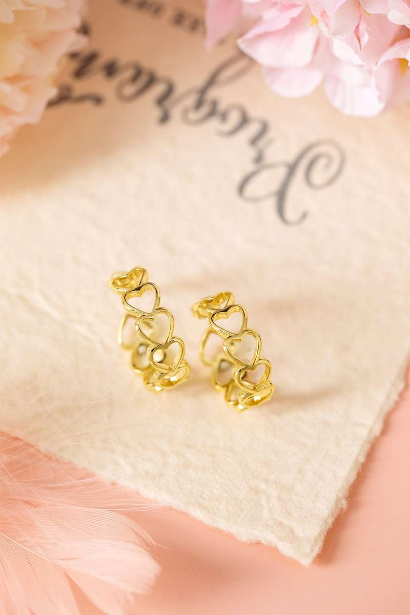 Gold Plated Heart Link Hoop Stud Earrings