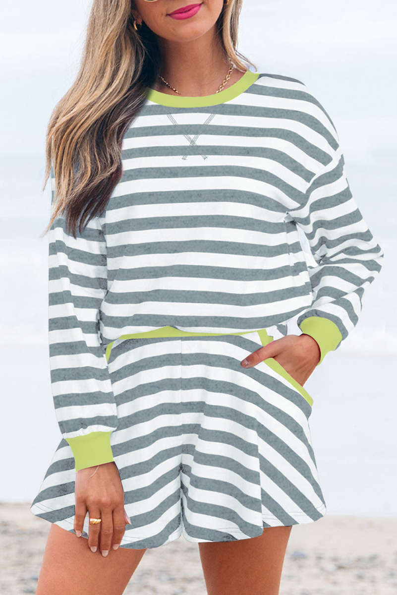 Gray Stripe Contrast Ribbed Banding Long Sleeve Blouse Loose Shorts Set