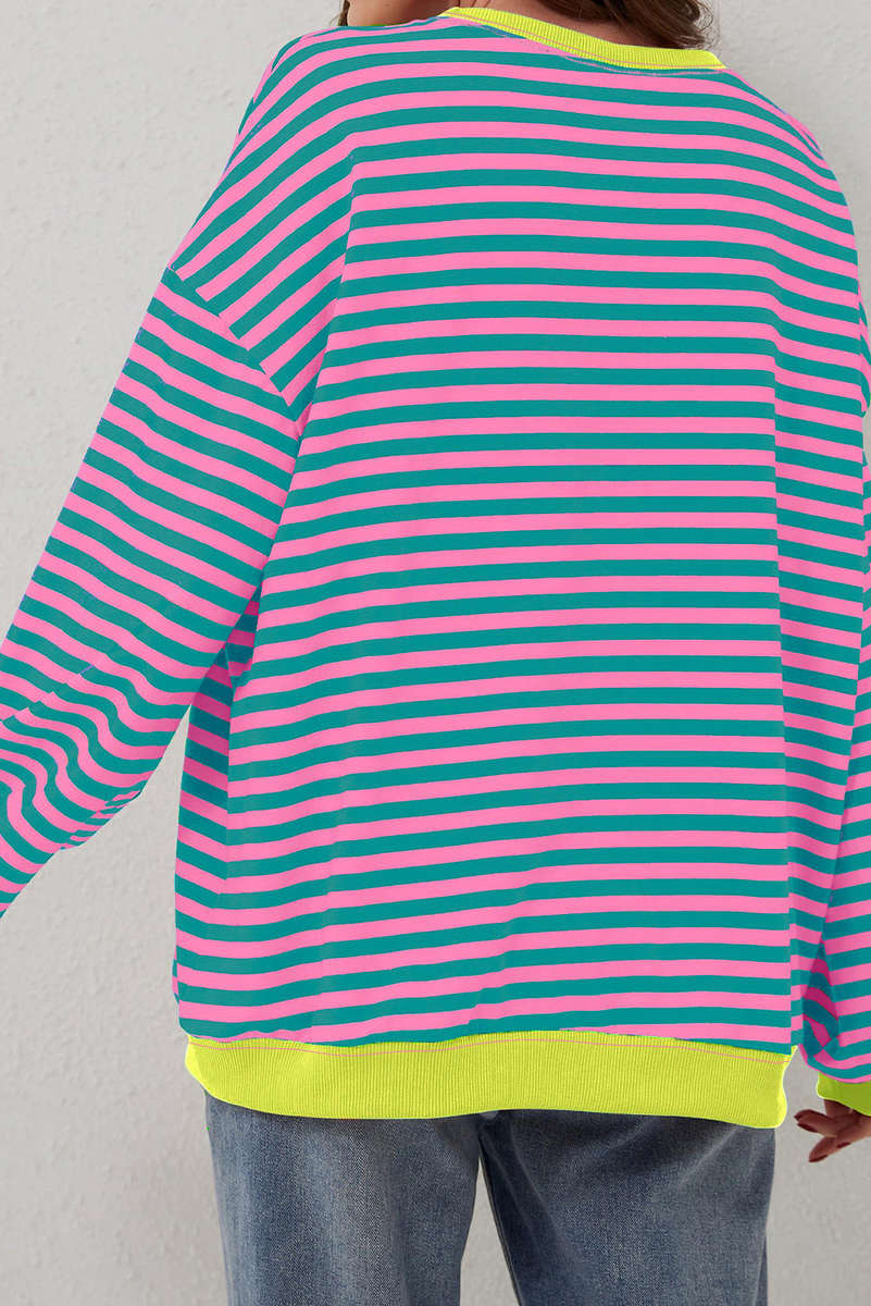 Rose Stripe Contrast Ribbed Trim Crossed Stitch Drop Shoulder Sweatshirt