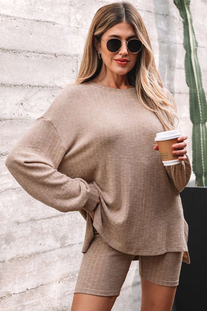 Dark Khaki Ribbed Balloon Sleeve Pullover Top and Biker Knitted Short Set