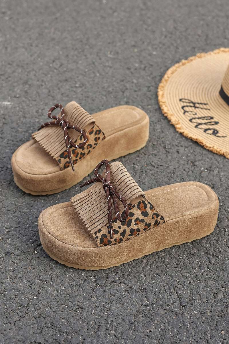 Coffee Leopard Faux Suede Slashed Lace-up Detail Platform Slippers
