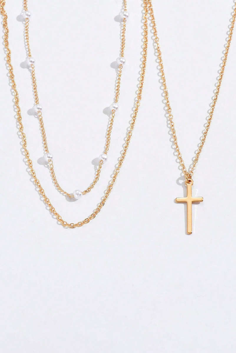 Gold Plated Cross Pendant Pearl Decor Triple Layer Chain Necklace