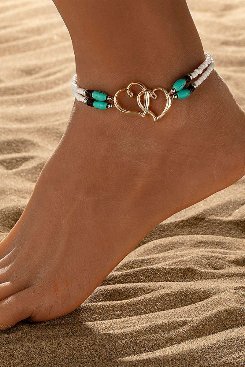 Gold Boho Heart Shape Turquoise Beaded Stretch Anklet