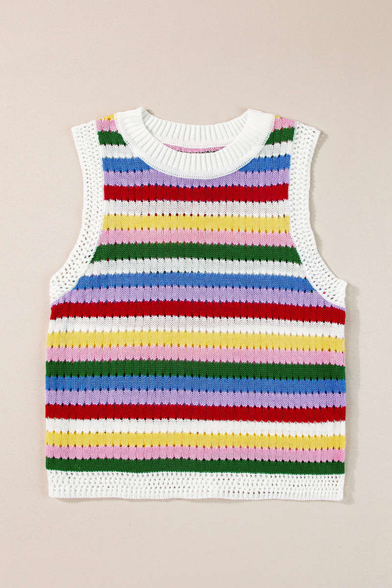 Multicolour Striped Knitted Eyelet Slim Sweater Vest