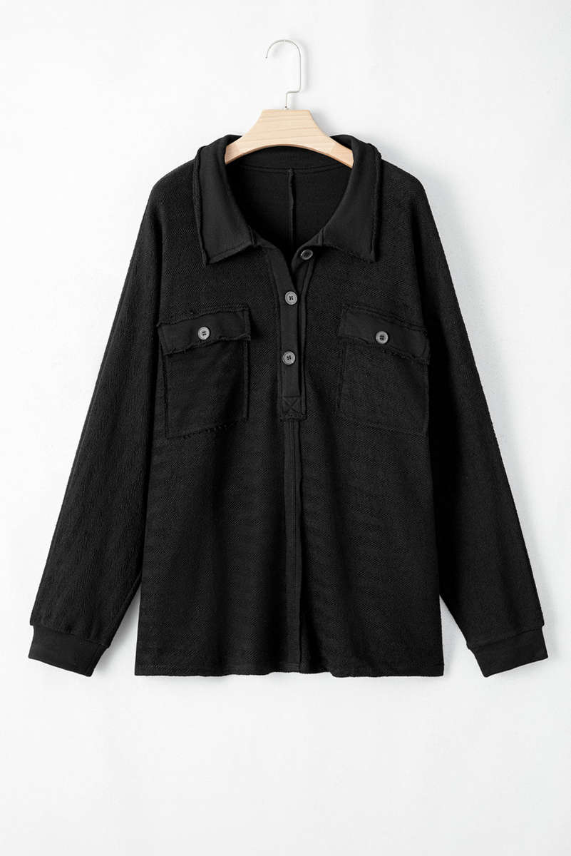Black Plus Size Long Sleeve Flap Pocket Henley Top