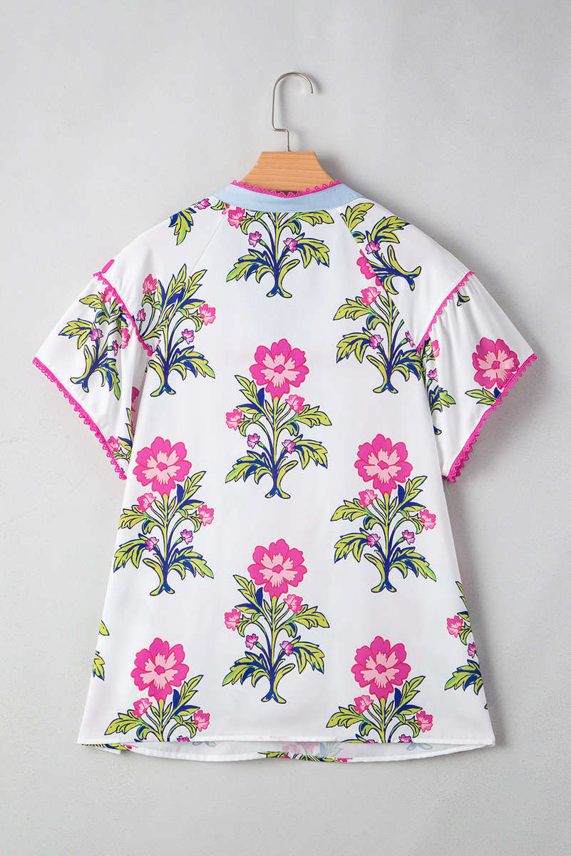 Rose Vintage Floral Print Contrast Notched V Neck Plus Size Summer Blouse