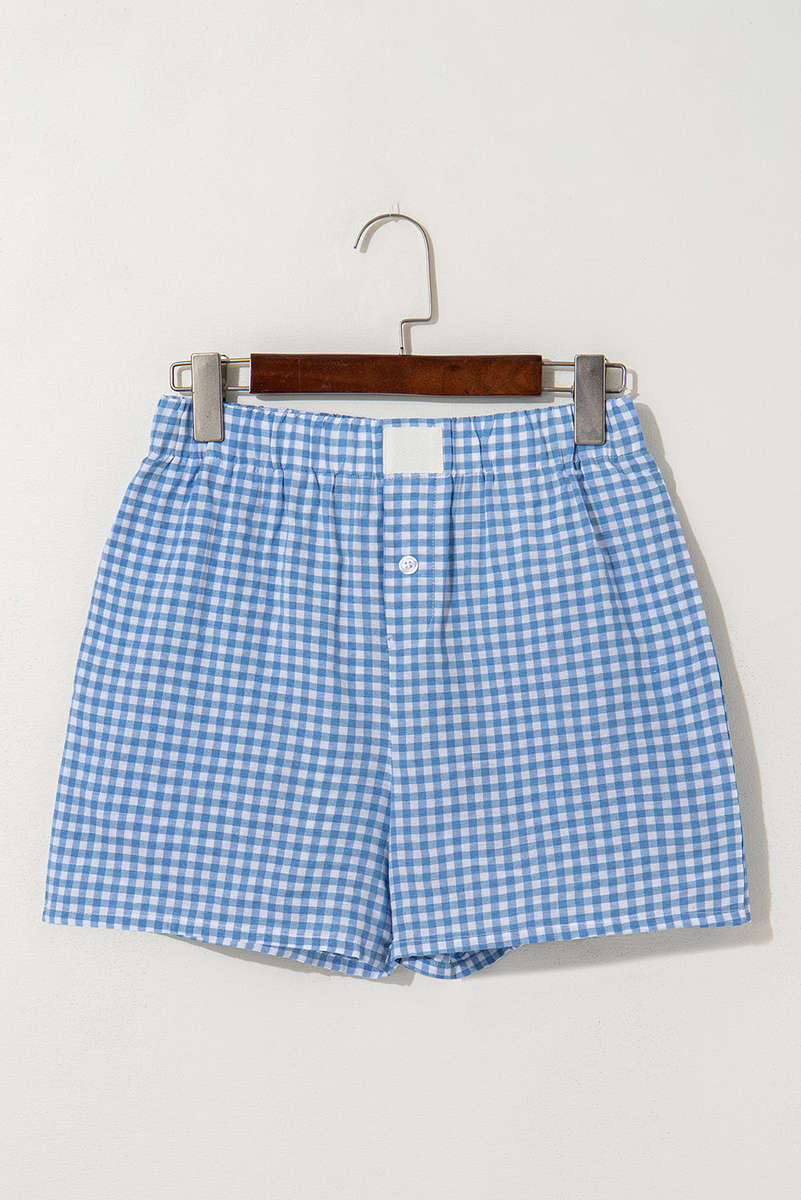 Blue Gingham Printed High Waist Shorts