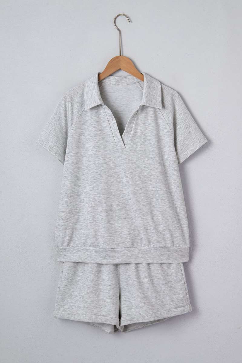 Light Grey Collared V Neck Tee Drawstring Elastic Waist Shorts 2pcs Outfit