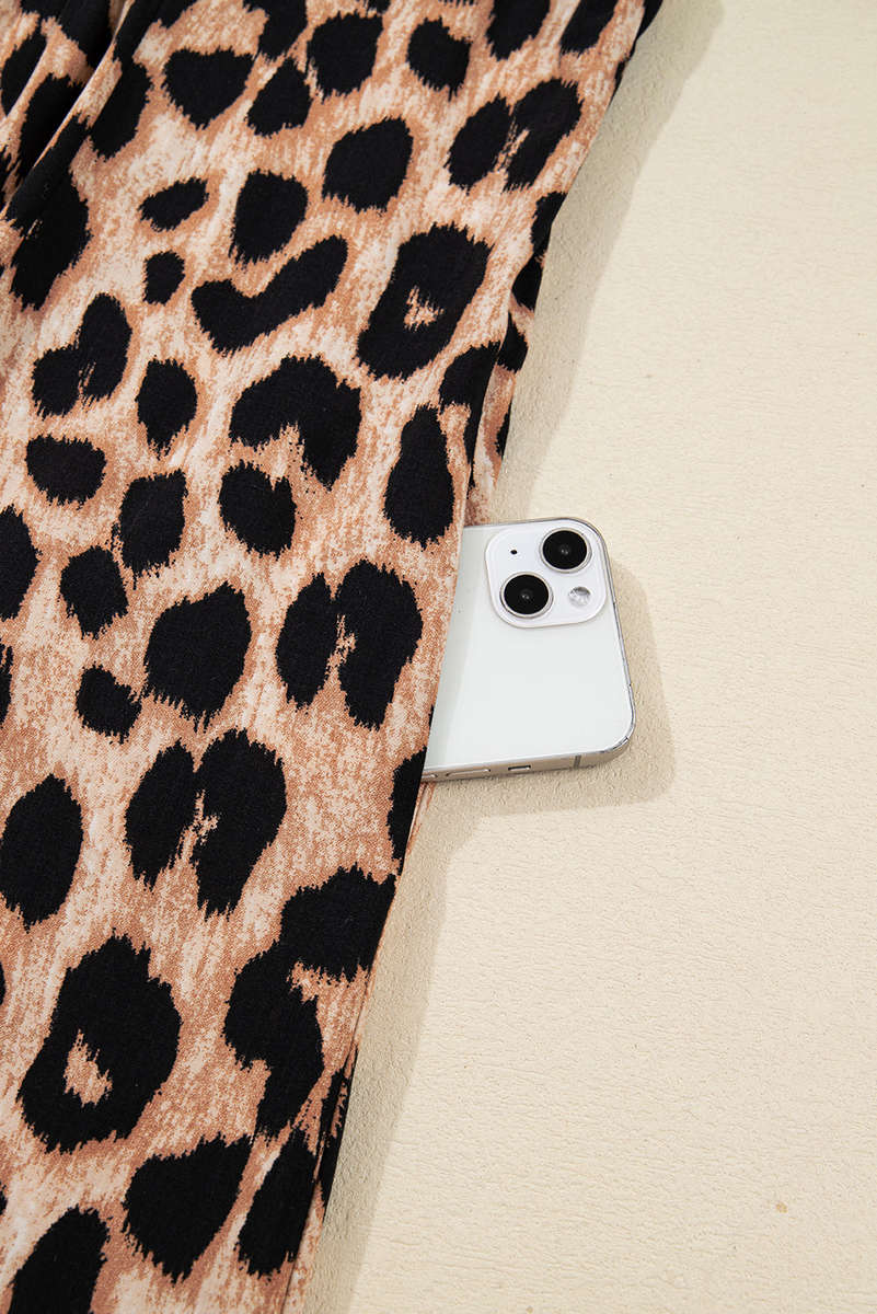 Brown Leopard Print Smocked Detail Flowy Midi Dress