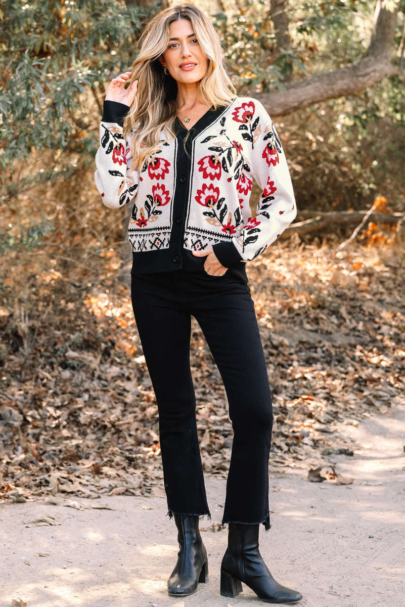 Beige Floral Print Buttoned Front V Neck Knit Cardigan