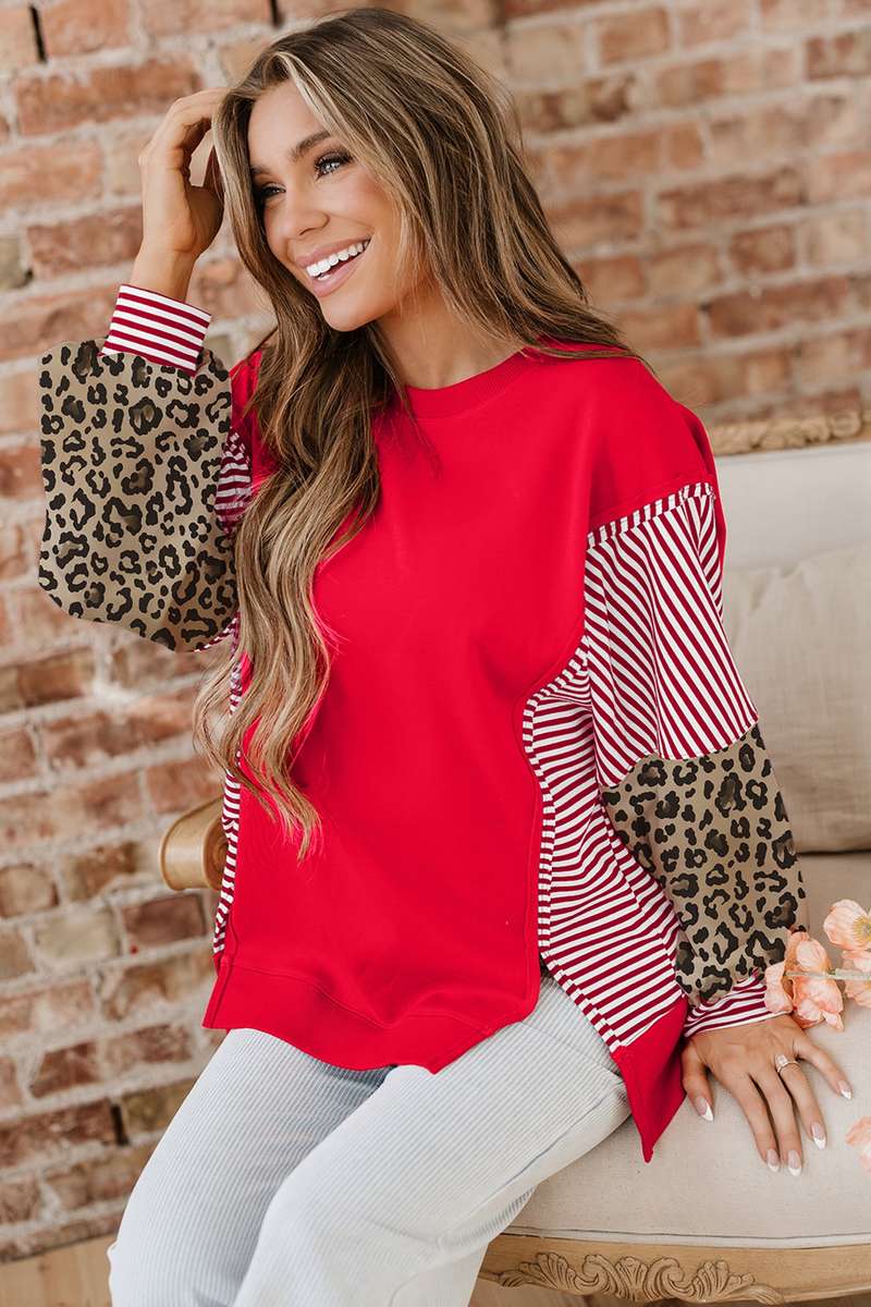 Racing Red Striped Patchwork Sleeve Colorblock Sweatshirt