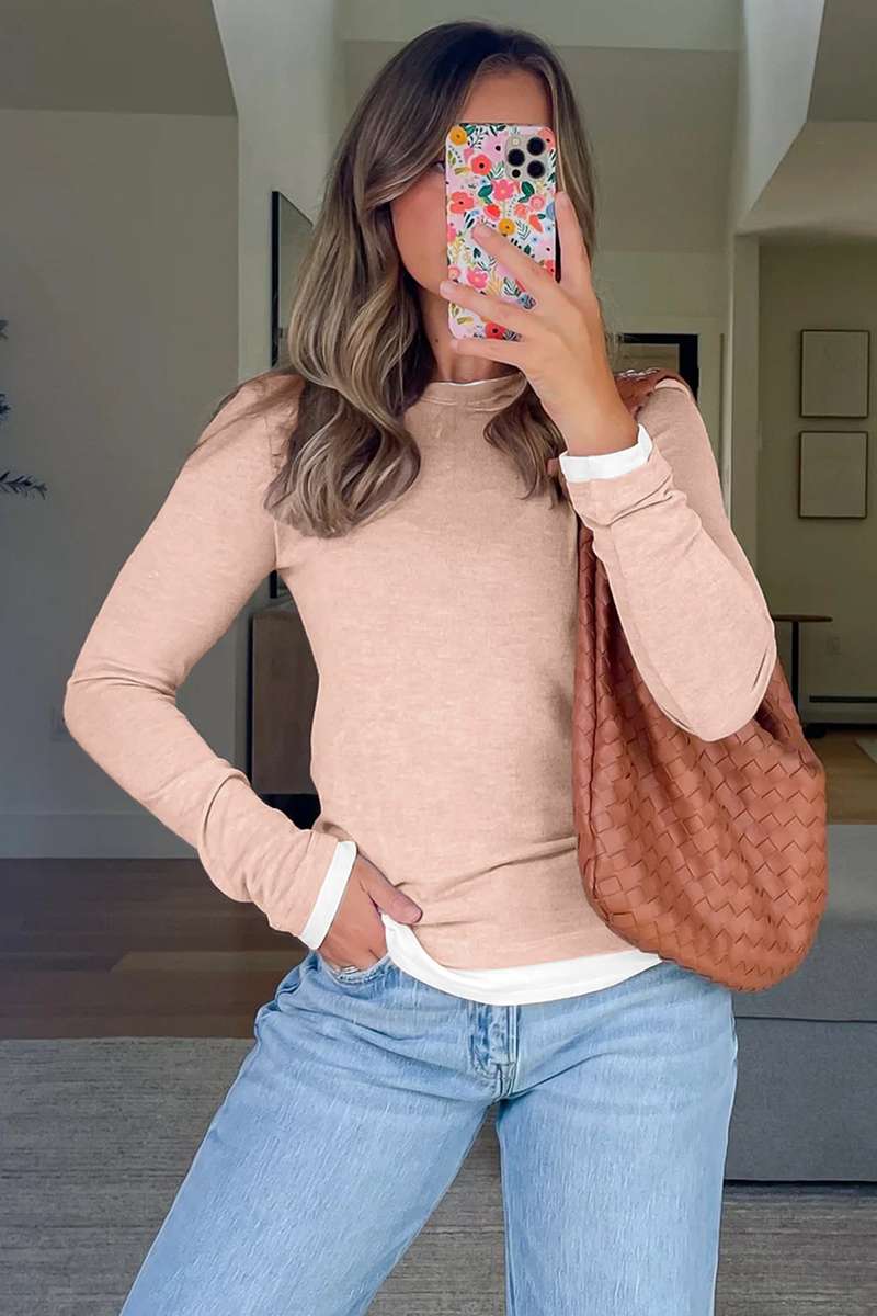 Smoke Gray False Two Piece Color Block Patchwork Long Sleeve Top