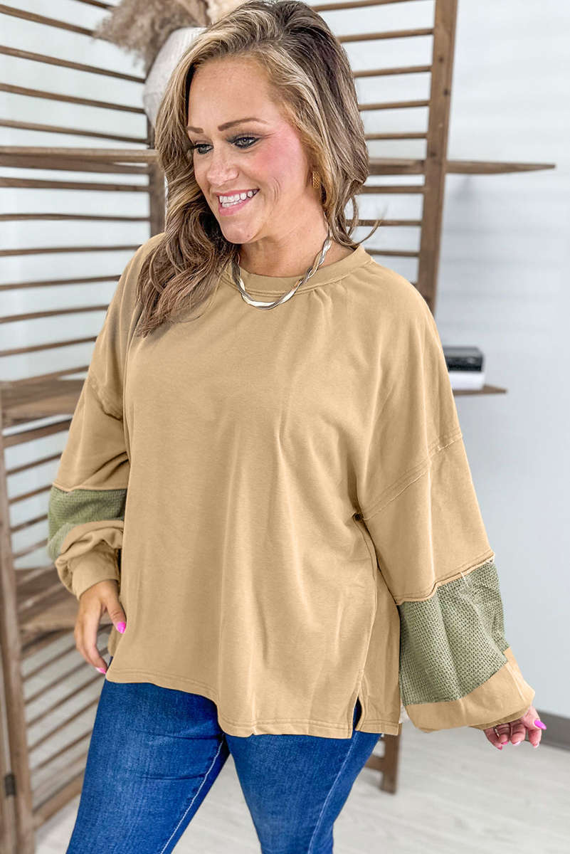 Laurel Green Exposed Seam Contrast Texture Patchwork Plus Size Drop Shoulder Pullover