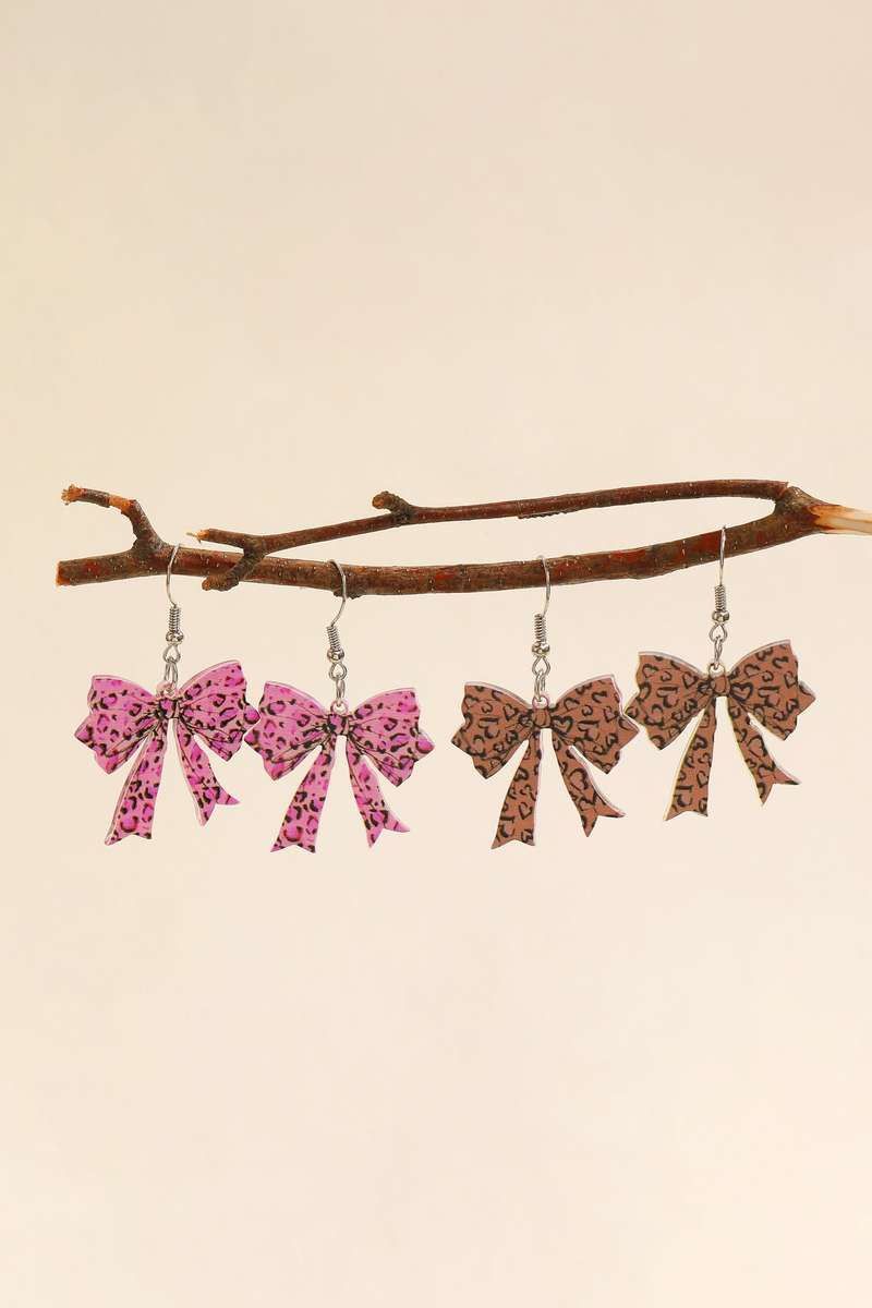 Cinnamon Stylish Leopard Printed Bow Stainless Hook Earrings