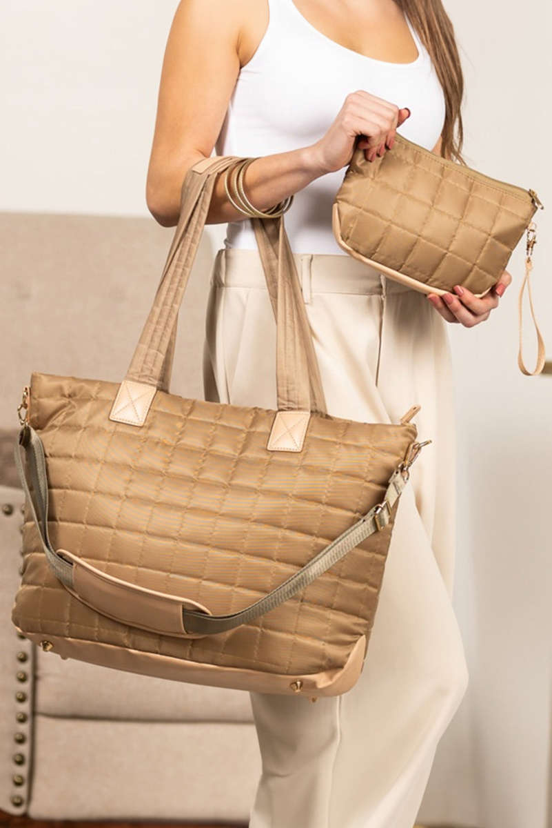 Camel Quiled Patchwork Large Tote Bag and Clutch 2pcs Set