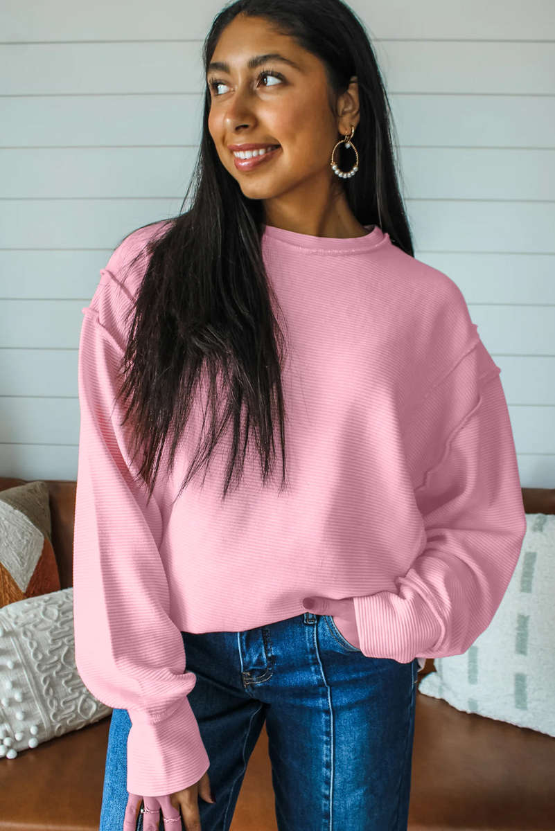 Pink Horizontal Ribbed Exposed Seam Detail Drop Shoulder Baggy Pullover