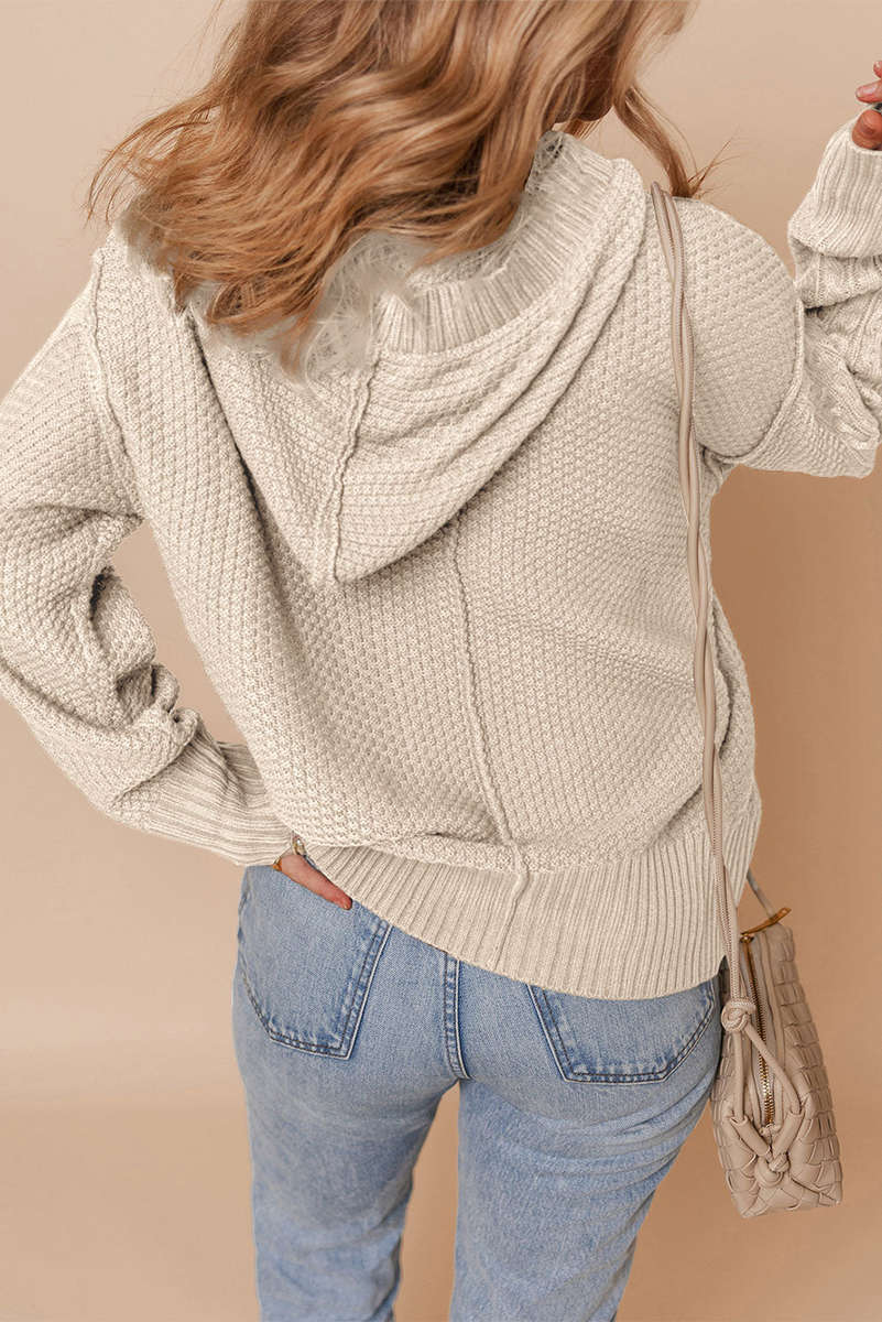 White Cable Knit Texture Uneven Hem Hooded Chic Cardigan