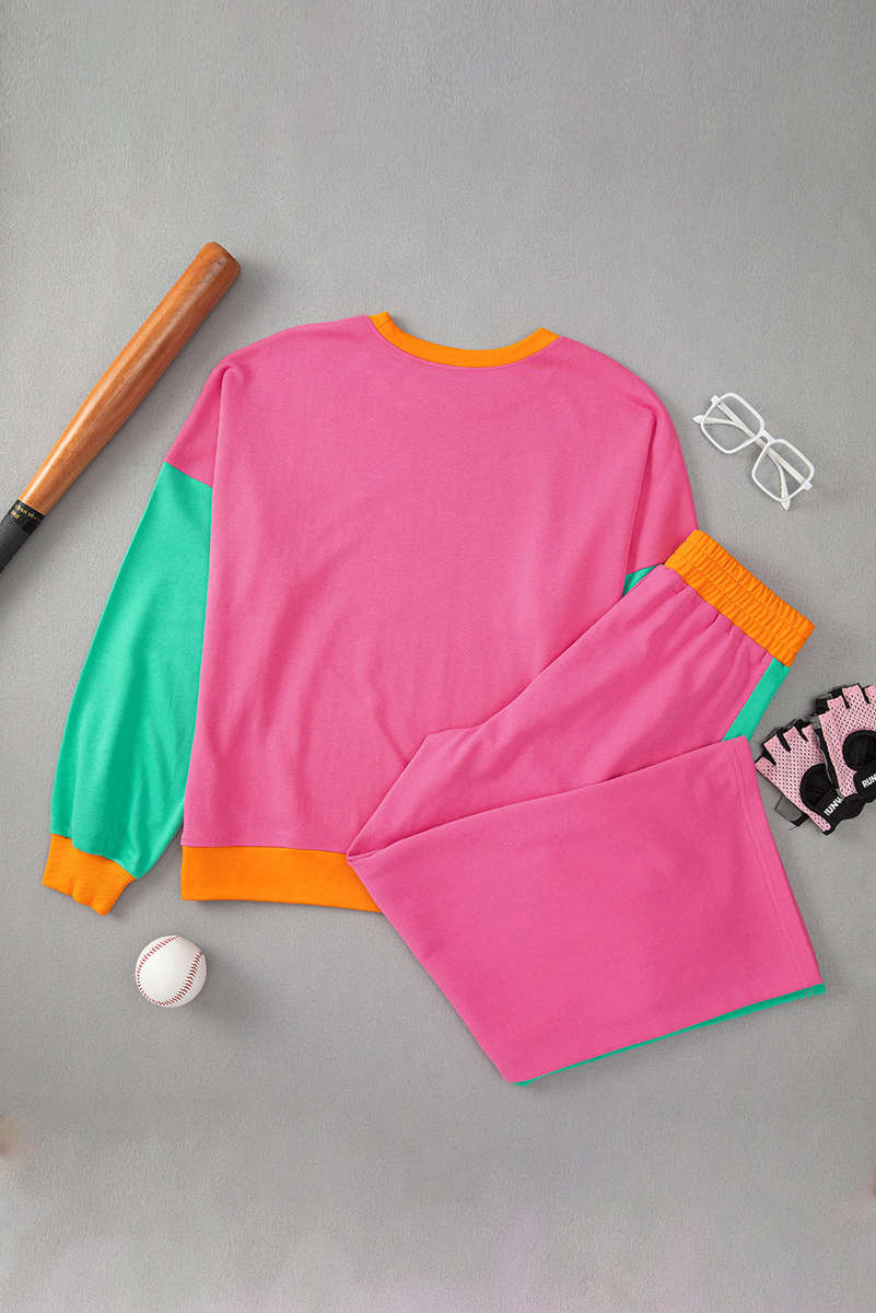Rose Red 2pcs Color Block Pullover Loose Pant Set