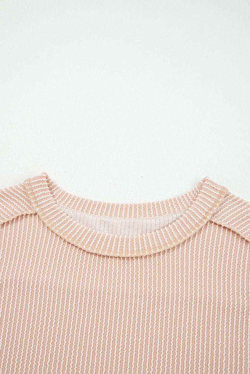 Parchment Twist Ribbed Exposed Seam Detail Long Sleeve Loose Top