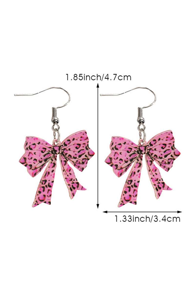 Bright Pink Stylish Leopard Printed Bow Stainless Hook Earrings