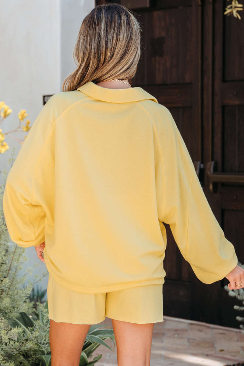Yellow Cream Button Collar Drop Shoulder Pullover and Shorts 2pcs Outfit