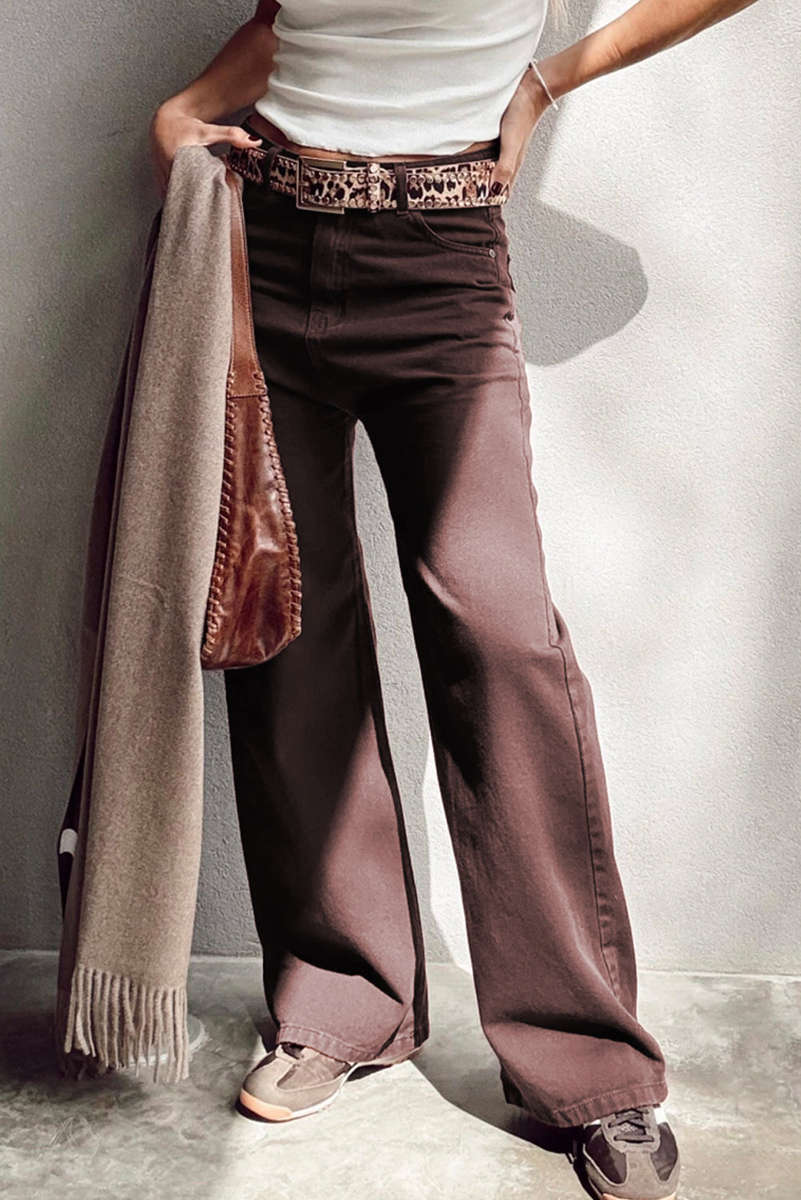 Coffee Loose Straight High Waist Solid Color Jeans